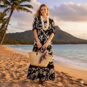 Vintage Almost Paradise Women’s Black White Floral Maxi Dress Hawaii Tropical S